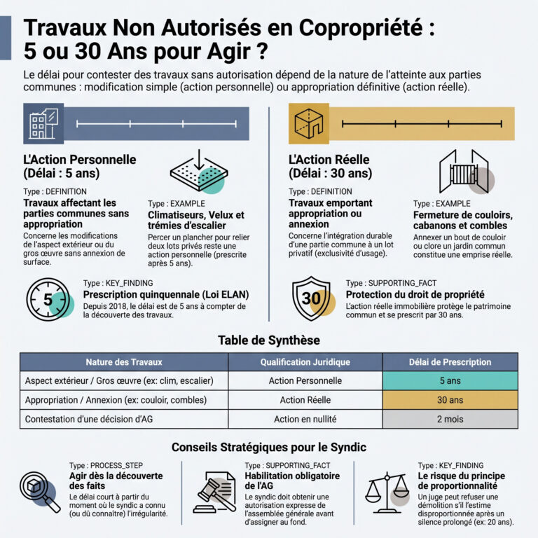 Travaux non autorisés en copropriété : 5 ans ou 30 ans pour agir ?