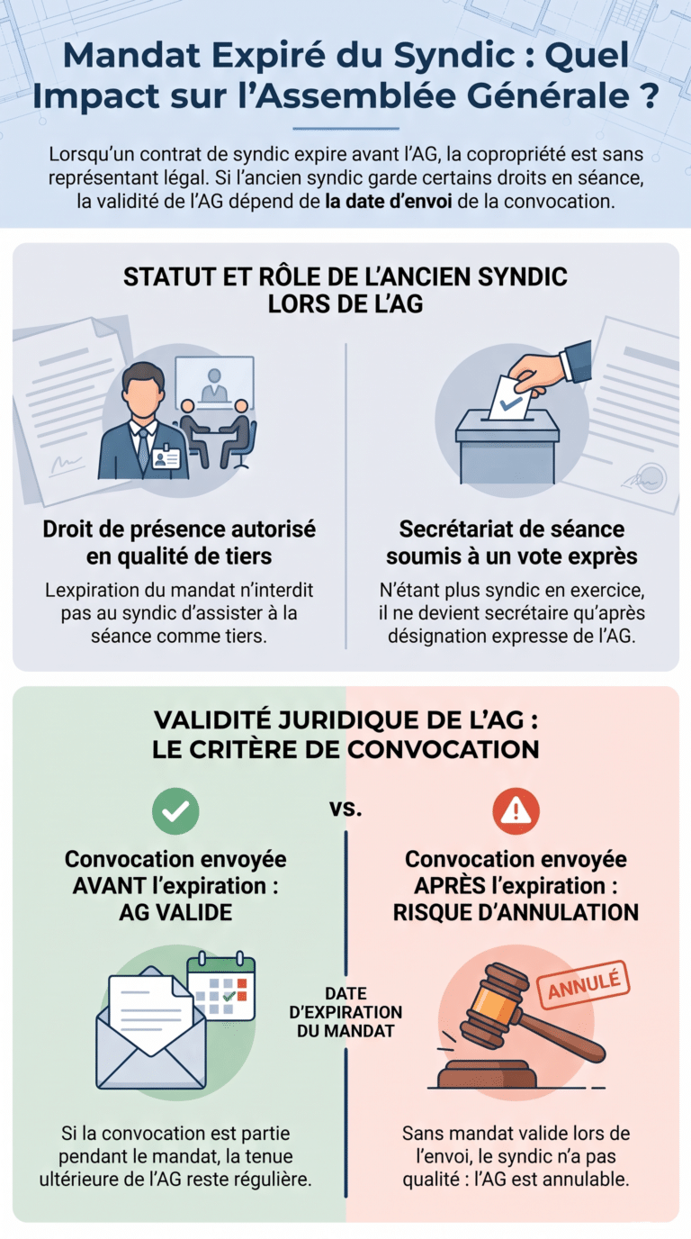 Présence et rôle d'un syndic dont le mandat de syndic expiré pose question en assemblée générale 13 Présence du syndic en AG dont le mandat a expiré – Peut-il être présent et secrétaire de séance